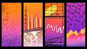 Abstract graphic with colourful chart elements including bars, lines, and data patterns across four panels