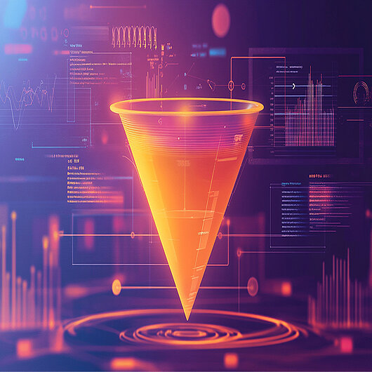 Digital visualization of a conversion funnel highlighting visitor drop-offs and onboarding flow performance