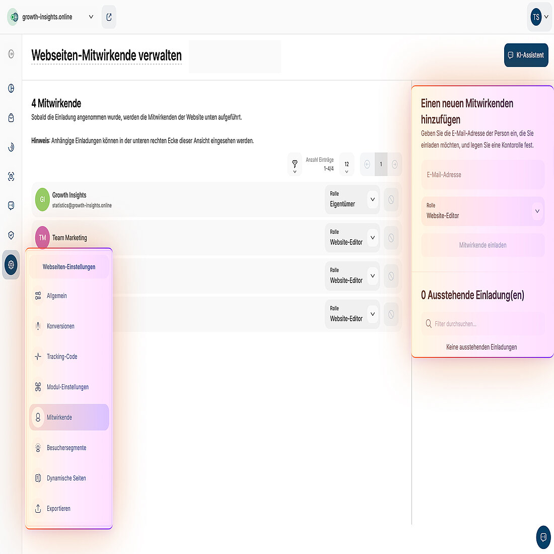 Der Screenshot der Plattform zeigt die Navigation zum Bereich Mitwirkende und das Panel zum Hinzufügen eines neuen Mitwirkenden und zum Zuweisen von Zugriffsrollen