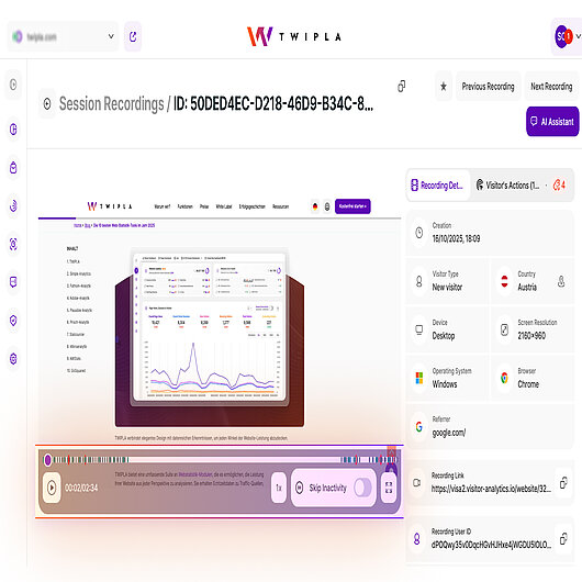 Skip Inactivity in TWIPLA Session Recordings TWIPLA’s Session Recordings dashboard showing Skip Inactivity in the playback controls, letting users bypass idle moments automatically during replay.