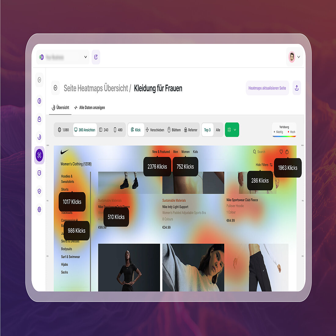 TWIPLA-Heatmaps zeigen Klickmuster von Besuchern auf Produktseiten TWIPLA-Seiten-Heatmap mit Klickaktivität auf einer Kategorieseite für Damenbekleidung.