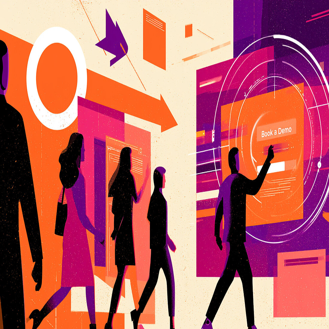 Tracking Custom Website Events | TWIPLA Illustration of website visitors with a highlighted Book a Demo form interaction being tracked as a custom event