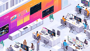 Graphic of a newsroom reacting to real-time analytics of stories