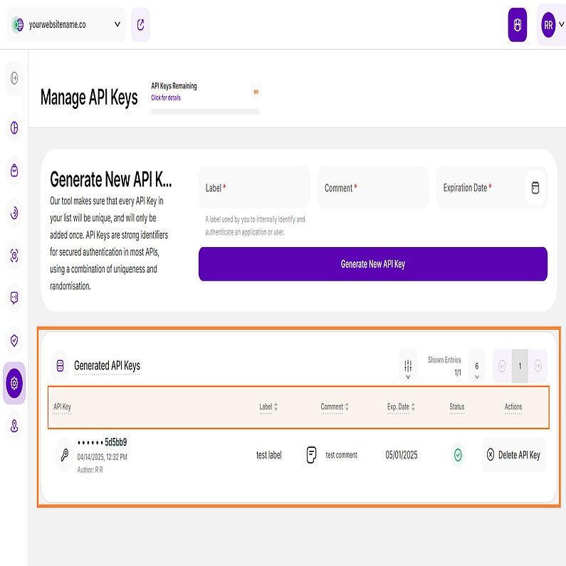 Tabel de chei API generate Tabel de chei API generate