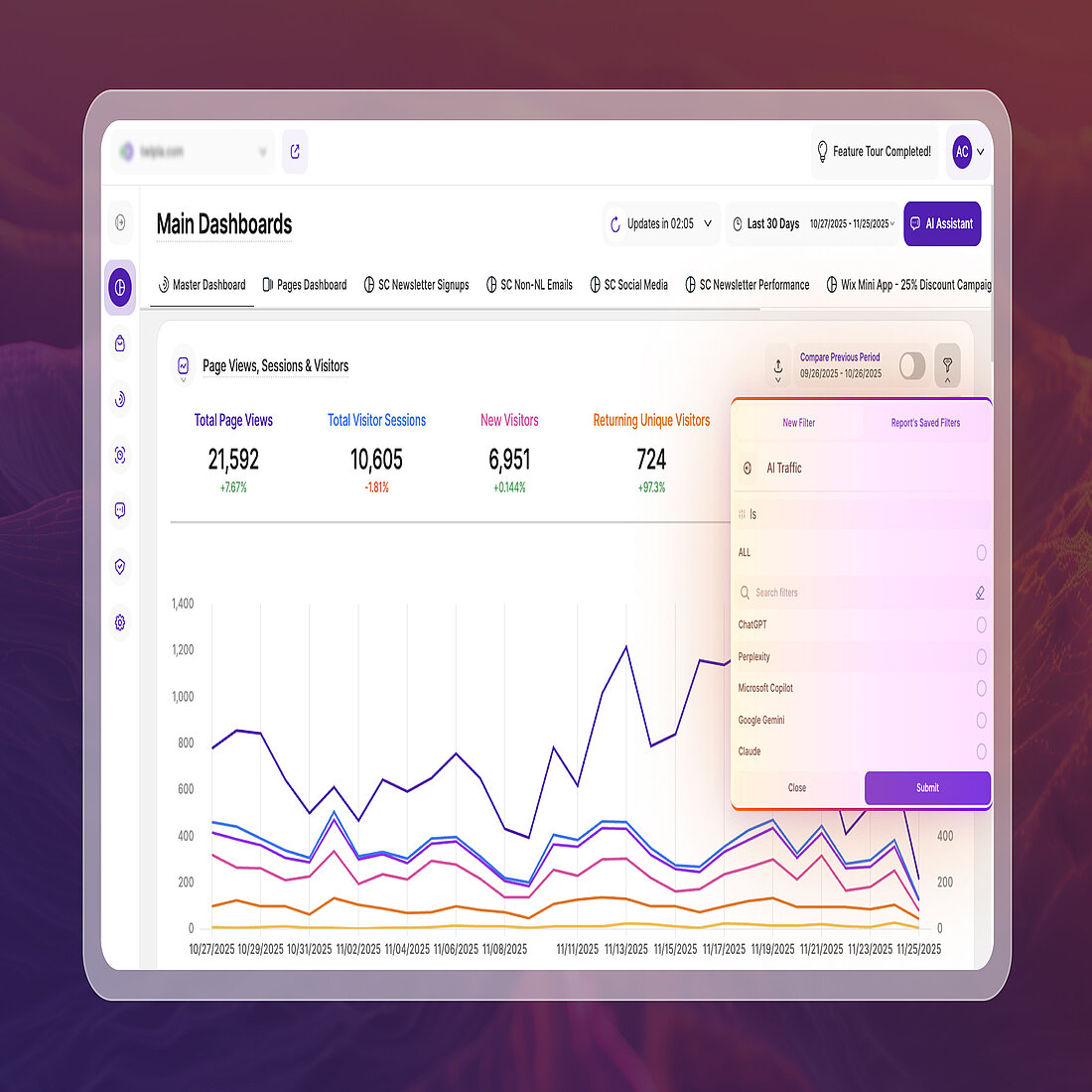 Main Dashboard showing the new AI Traffic filter with options for ChatGPT, Perplexity, and other generative engines