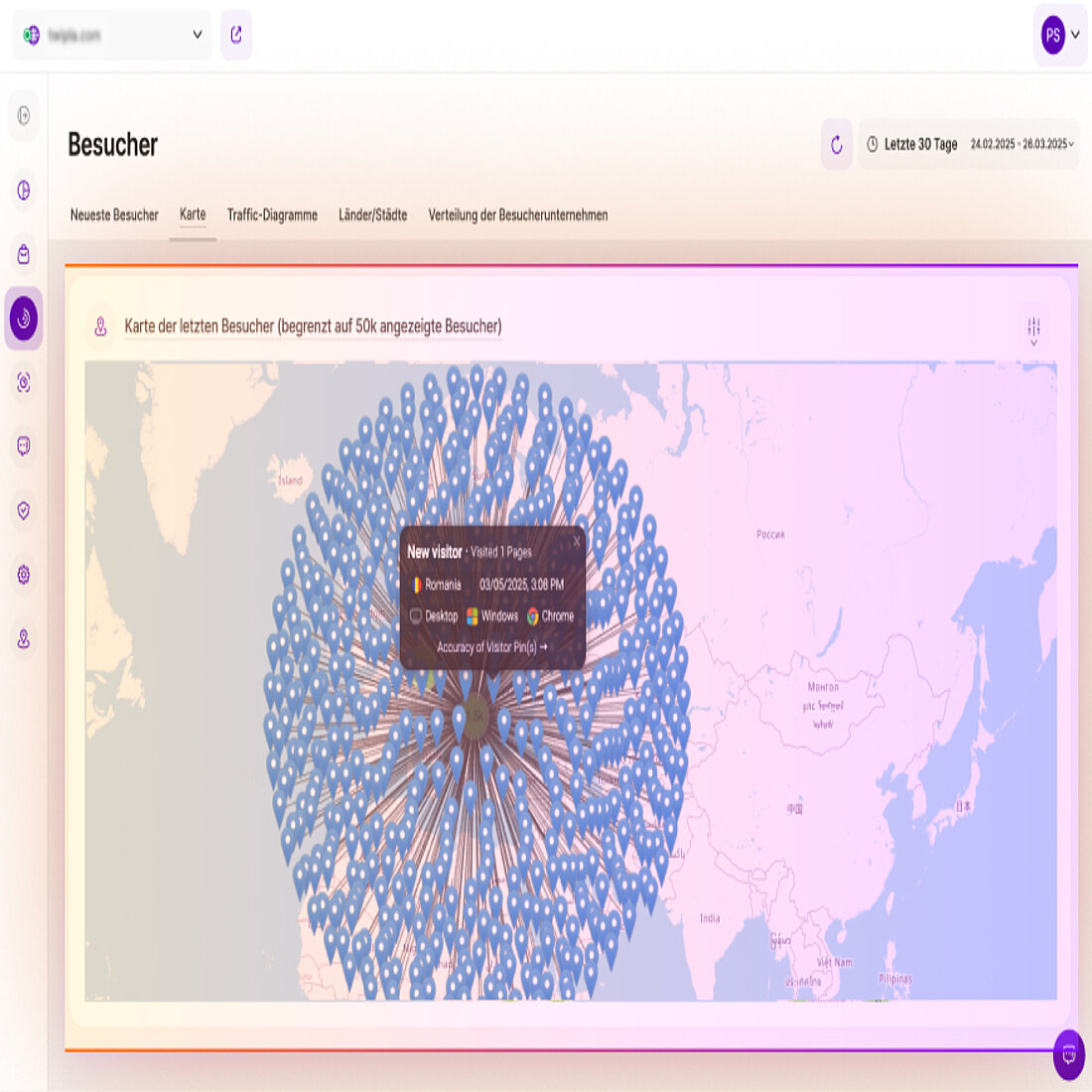 Standortpins sind wieder auf der Besucherkarte zu finden - jetzt mit intelligenterer Datenschutzlogik und Tooltipps, die erklären, wie Standortdaten erfasst werden. TWIPLAs Ansicht der Besucherpins