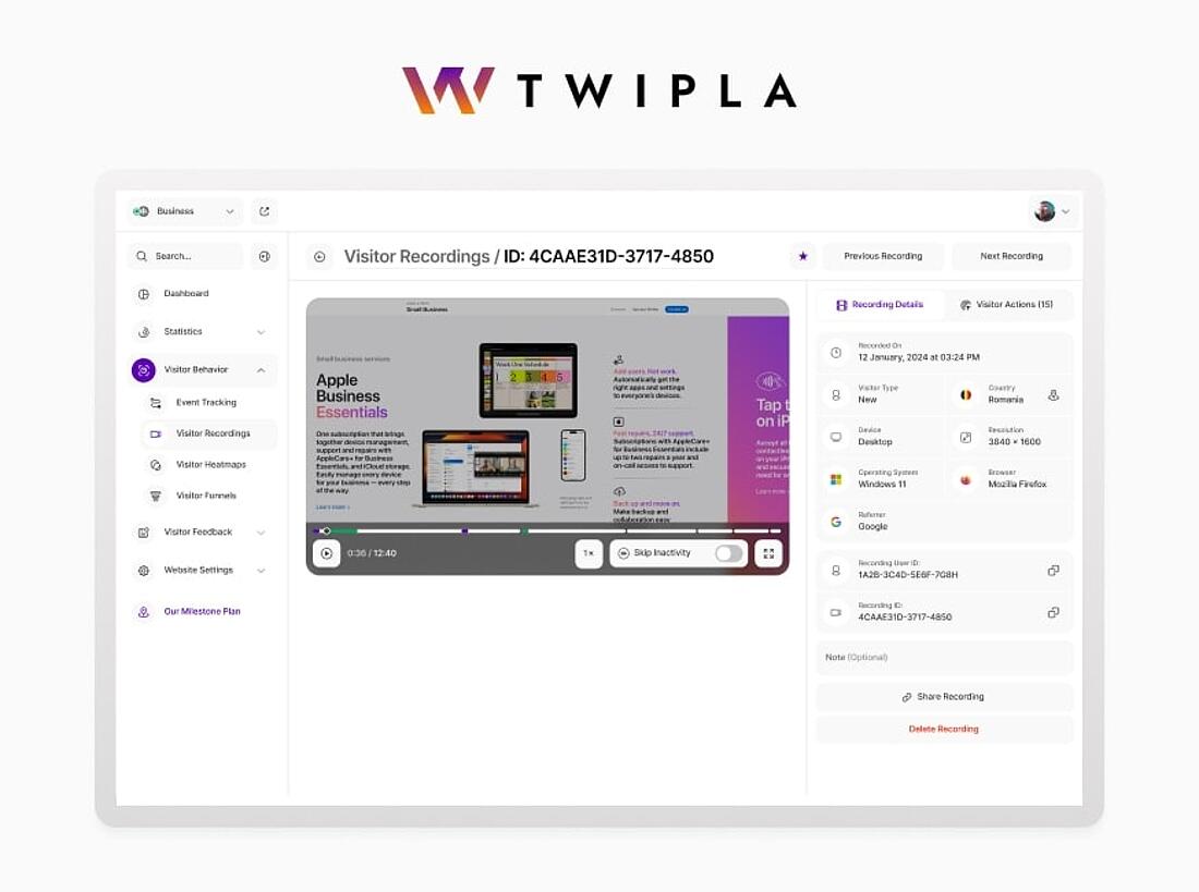 Screenshot TWIPLA-Sitzungswiederholungen Schnittstelle