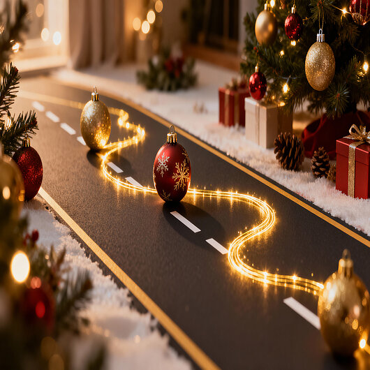 Festive illustration of a winding road made of glowing lights and Christmas ornaments, symbolizing the product roadmap ahead