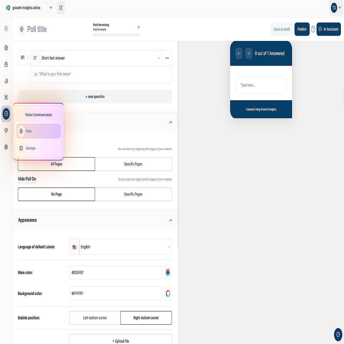Poll editor showing navigation path, page targeting options, and on-page preview
