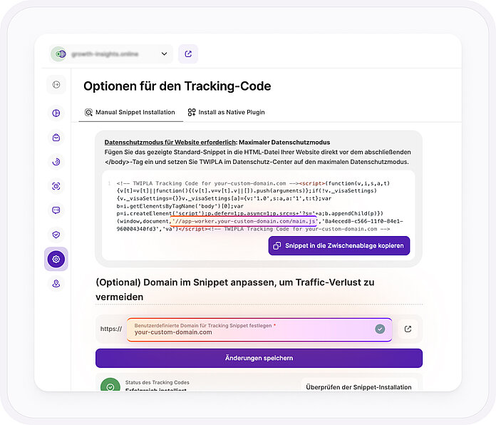 TWIPLAs Dashboard zeigt Tracking-Code-Optionen, ein Snippet der ersten Partei, ein benutzerdefiniertes Domain-Feld für das Tracking-Snippet und eine Bestätigung, dass der Tracking-Code erfolgreich installiert wurde