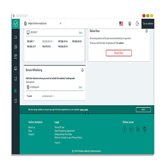 Website-Einstellungen von Visitor Analytics mit Dummy-Daten Visitor Analytics website settings