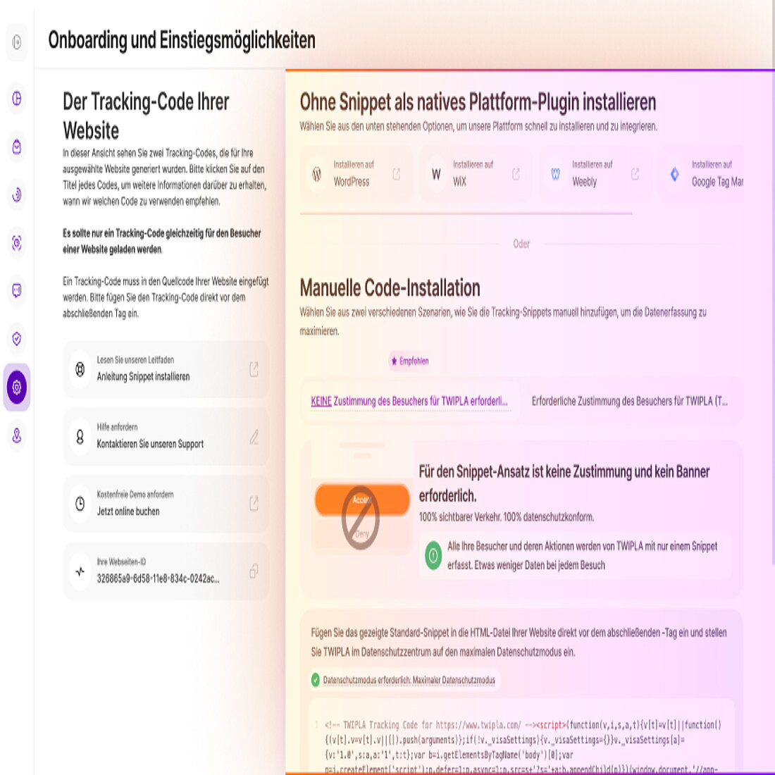 Die Tracking-Code-Ansicht in den Website-Einstellungen wurde übersichtlicher gestaltet und bietet nun ein klareres Layout und eine bessere Anleitung für Benutzer, die das Snippet manuell hinzufügen müssen. TWIPLAs aktualisierte Tracking-Code-Ansicht in den Website-Einstellungen