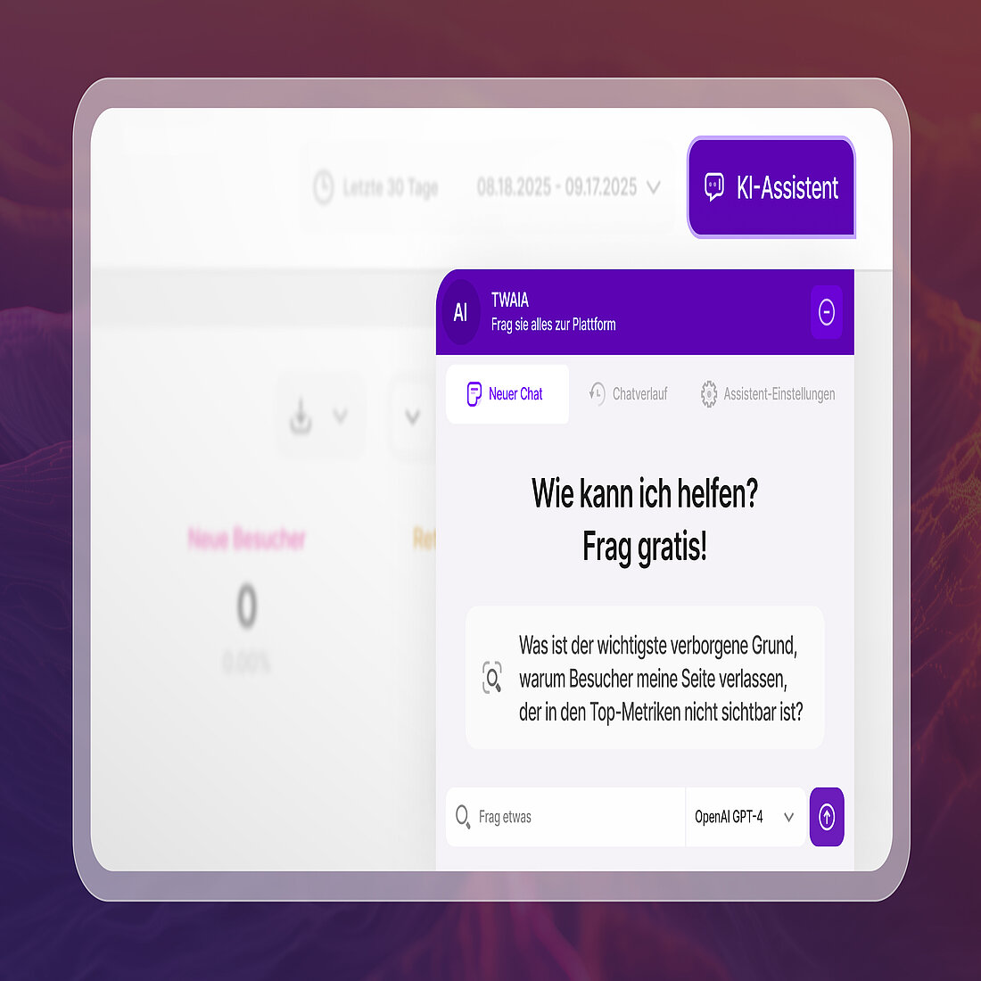 Lernen Sie TWAIA kennen, TWIPLAs stets verfügbaren Analyseassistenten Grafik der Chatbox des TWAIA AI-Assistenten innerhalb der TWIPLA-Schnittstelle.