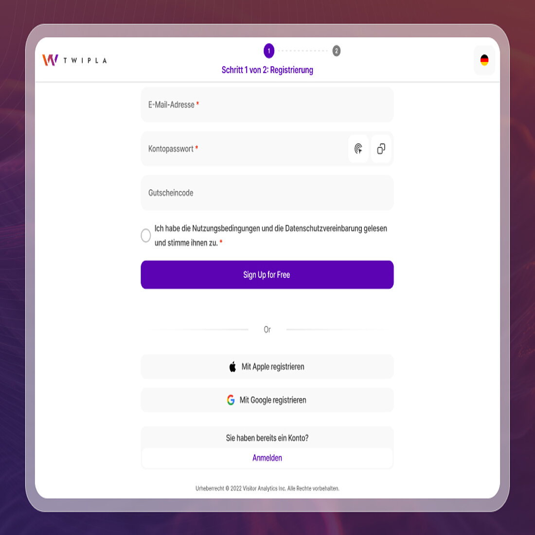 Unternehmen sollten sich darum bemühen, das Onboarding für potenzielle Kunden so einfach und reibungslos wie möglich zu gestalten Ein Screenshot des TWIPLA-Onboarding-Prozesses