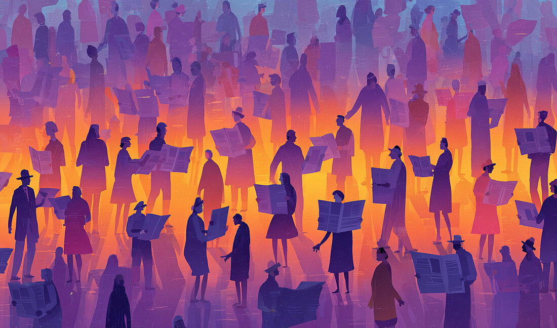 Illustrierte Menschenmenge, die Zeitungen liest, dargestellt in lila und orangefarbenen Tönen, als Symbol für die Verbreitung von Nachrichten und Informationen der Website-Intelligence