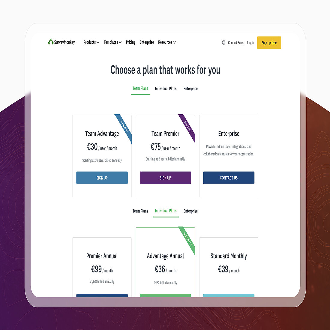 Screenshot of SurveyMonkey pricing page showing Team and Individual plans with prices and features.