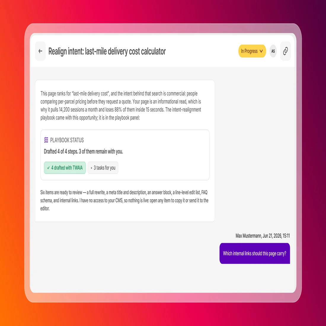 TWAIA opportunity workspace | TWIPLA A Growth Engine opportunity workspace showing TWAIA’s opening message with a playbook status of four steps drafted and three tasks remaining.