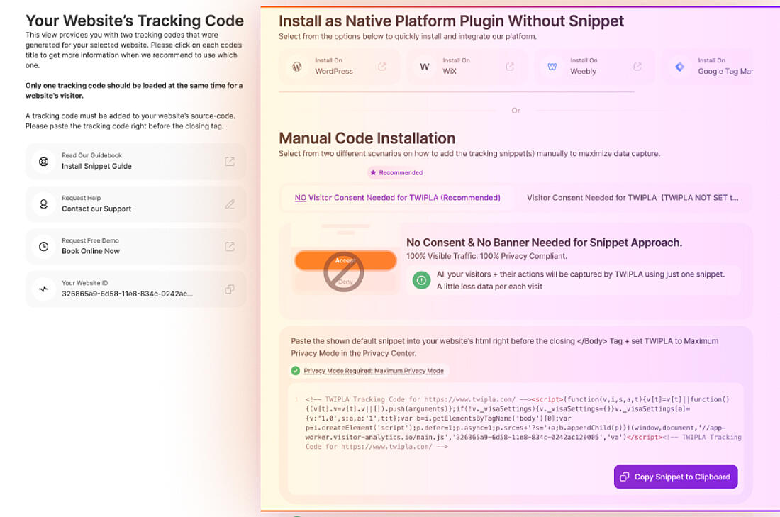 TWIPLA's updated tracking code view in Website Settings