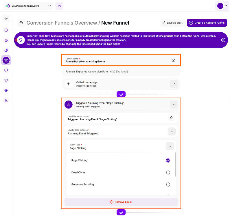Conversion Funnel Level basierend auf alarmierendem Verhalten Ausgelöstes Ereignis