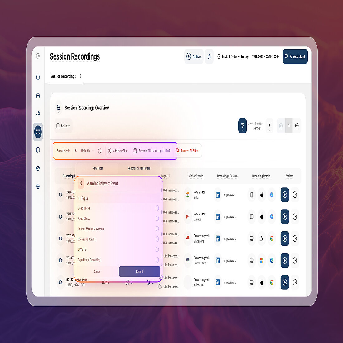 Traffic Attribution Use Cases: Visitor Behavior by Traffic Channel - TWIPLA Session recordings overview illustrating traffic attribution use cases, filtered to social media traffic and showing segmented visitor sessions with behavior events such as rage clicks, dead clicks, and scrolling activity across recordings
