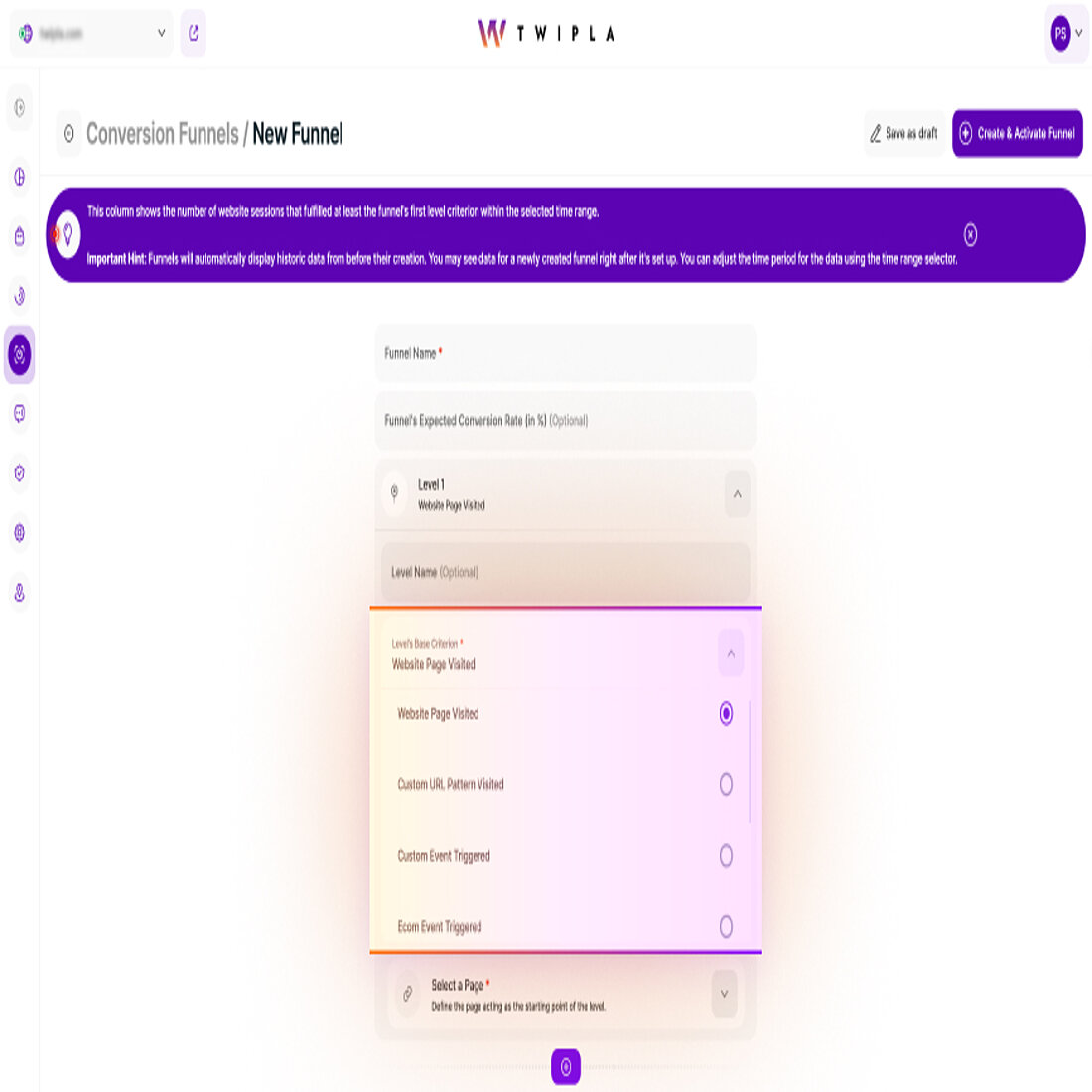 Track detailed visitor journeys using clicks, visits, and in-page interactions TWIPLA funnel builder interface showing event-based conversion steps