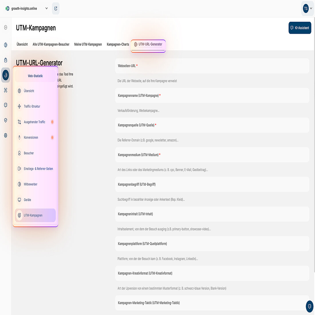UTM-URL-Builder mit hervorgehobenem Navigationspfad und Kampagnen-Parameterfeldern für Link-Tagging
