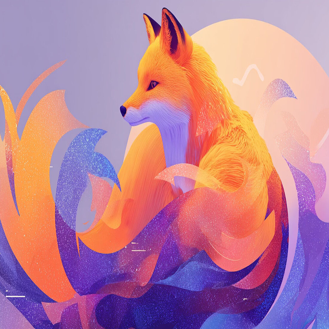 Stylized orange fox surrounded by flowing purple and orange shapes, representing Firefox privacy changes and browser data control