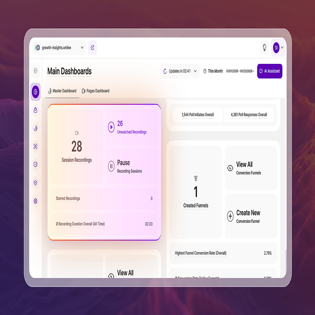 Master Dashboard view showing the Session Recordings overview block and the Conversion Funnels overview block with updated design and time-range alignment