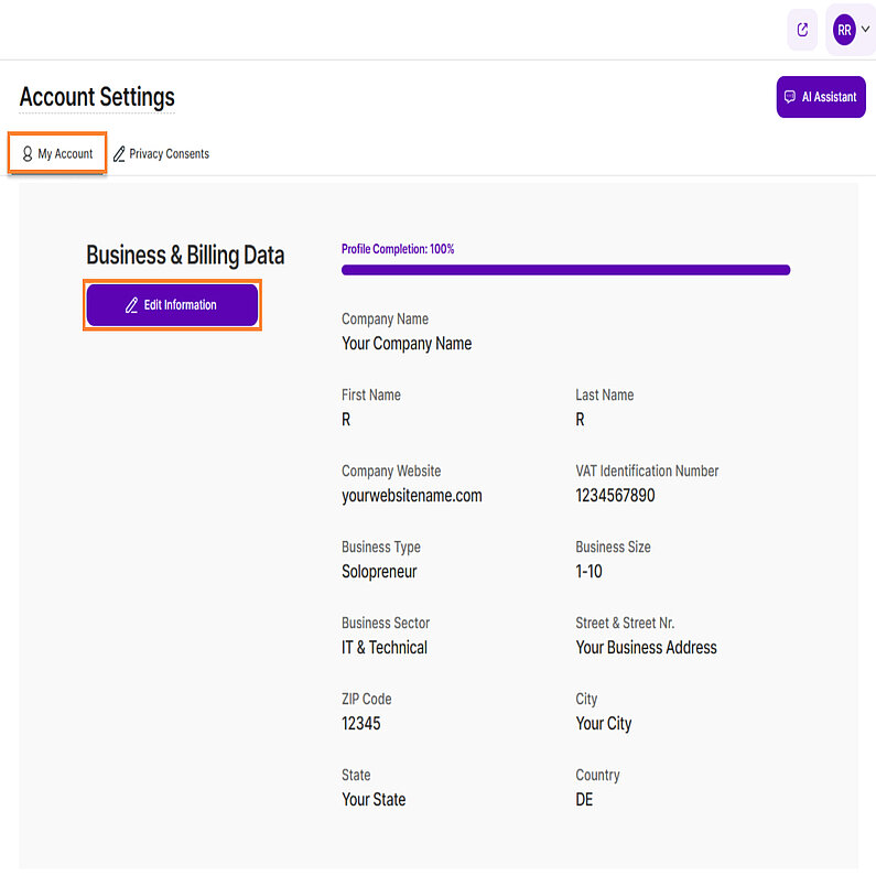 Verwalten Sie Ihre Geschäfts- und Rechnungsinformationen