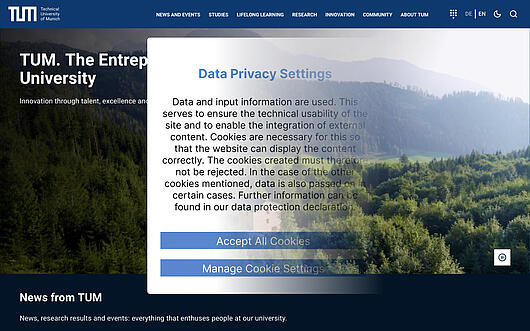 Fading cookie banner on the Technical University of Munich website, representing its removal after switching to TWIPLA.