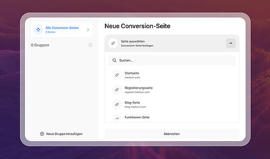 TWIPLA-Schnittstelle zur Erstellung neuer Konversionsereignisse, mit Optionen zur Verfolgung von Schaltflächenklicks, Seitenbesuchen und anderen Aktionen
