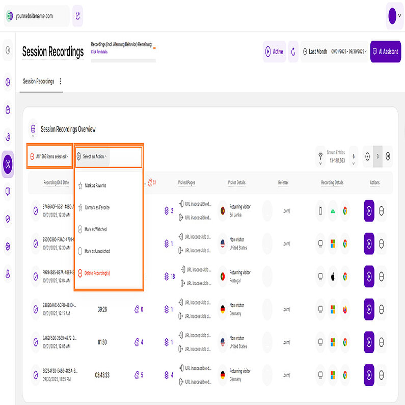 Selectați o acțiune colectivă pentru înregistrările sesiunii