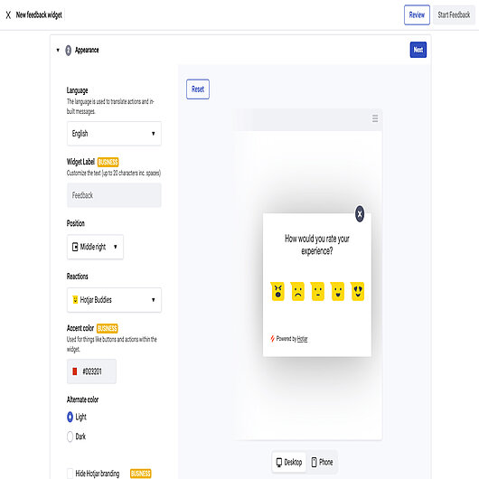 Screenshot der Einrichtungsseite für das Feedback-Widget von Hotjar mit Anpassungsoptionen und einem Bewertungs-Popup mit Emoji-Gesichtern