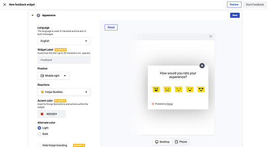 Screenshot der Einrichtungsseite für das Feedback-Widget von Hotjar mit Anpassungsoptionen und einem Bewertungs-Popup mit Emoji-Gesichtern