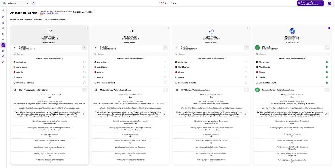 Ein Bildschirmfoto des TWIPLA-Datenschutzzentrums