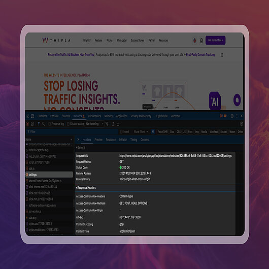 Verifying GDPR Compliance Through Observable Network Behavior Browser developer tools showing live analytics network requests, headers, and parameters sent to a TWIPLA controlled endpoint, illustrating how compliance claims can be independently verified through observable system behavior