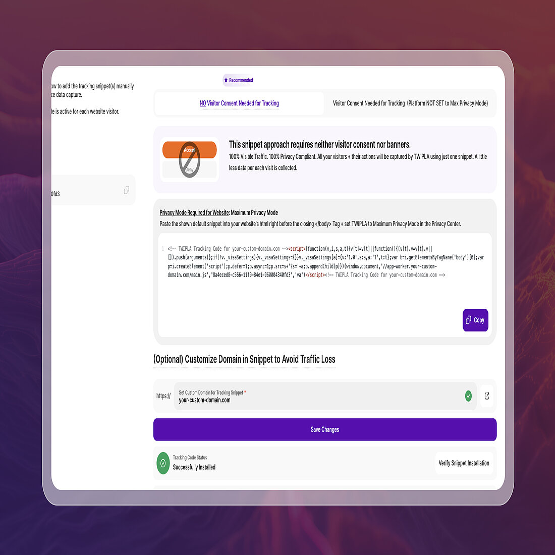 TWIPLA tracking setup screen with code snippet and consent-free tracking option displayed inside a browser interface