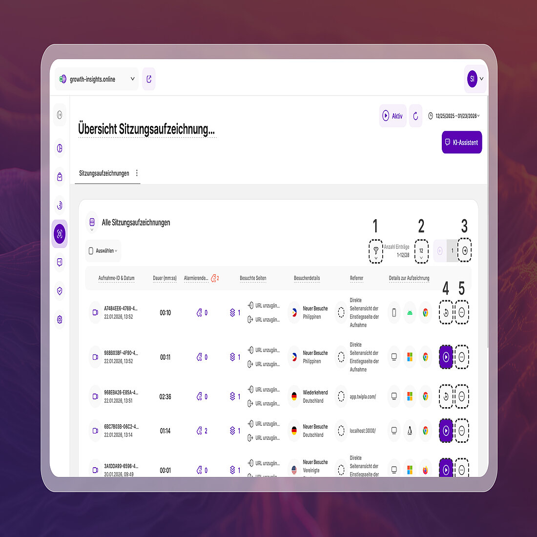 Tastaturnavigation im Berichtsblock Session Recordings Übersicht Session Recordings Übersichtsberichtsblock, der zeigt, wie sich der Tastaturfokus über Filter, Paginierungssteuerungen und Aufzeichnungsaktionsschaltflächen bewegt