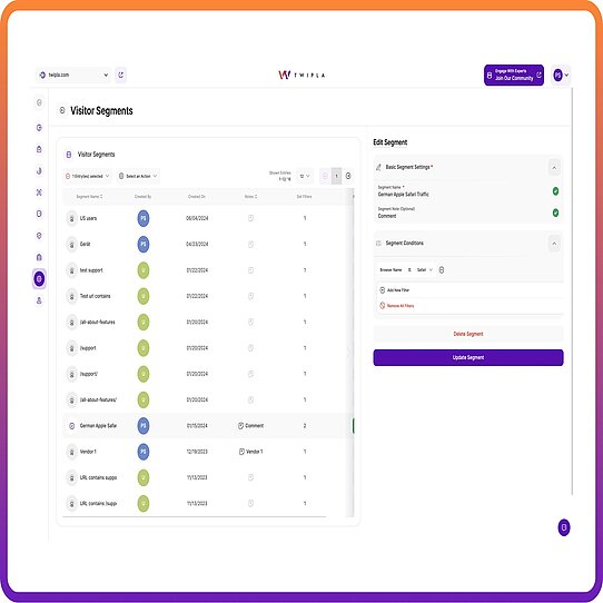 TWIPLA's Visitor Segments enable users to quickly filter data to different demographics Alternative to Piwik PRO segmentation