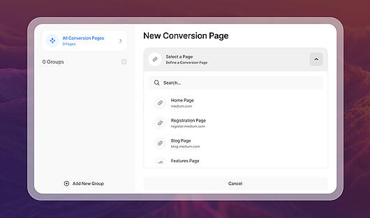 TWIPLA interface for creating new conversion events, with options to track button clicks, page visits, and other actions