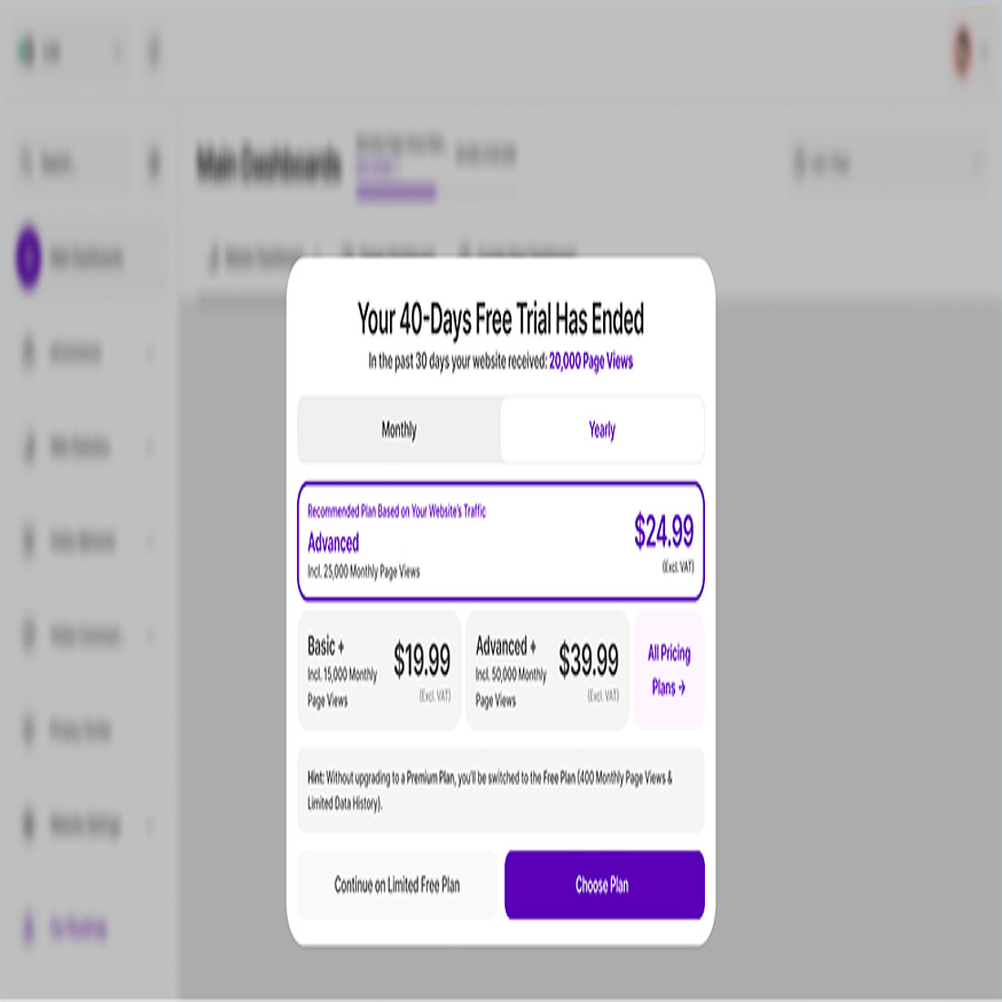 Smart plan suggestions based on real traffic volumes during your trial period TWIPLA dashboard showing personalized plan recommendation after trial