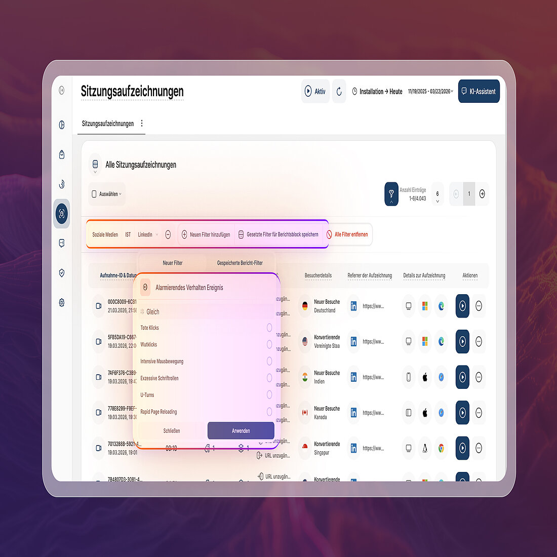 Überblick über Session Recordings zur Veranschaulichung von Anwendungsfällen für die Traffic-Attribution, gefiltert nach Social-Media-Verkehr und mit segmentierten Besuchersitzungen mit Verhaltensereignissen wie Wutklicks (Dead Clicks) und Scrolling-Aktivitäten in den Aufzeichnungen