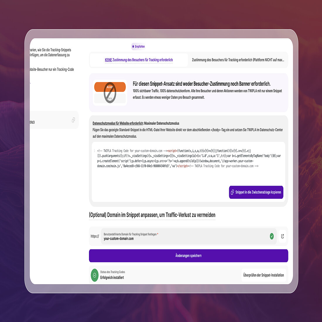 Einrichtungsbildschirm für das TWIPLA-Tracking mit Codeschnipsel und zustimmungsfreier Tracking-Option, die in einer Browserschnittstelle angezeigt wird