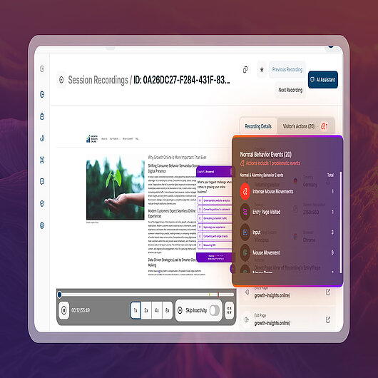 Platform News May 2026: Improved Visitor Actions Tooltip in Session Recordings | TWIPLA Screenshot of TWIPLA's Session Recordings playback view, showing the new event notification structure