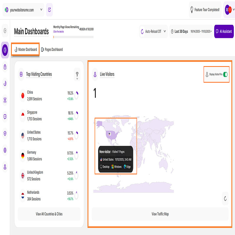 Harta vizitatorilor în direct în tablourile de bord principale Harta vizitatorilor în direct în tablourile de bord principale