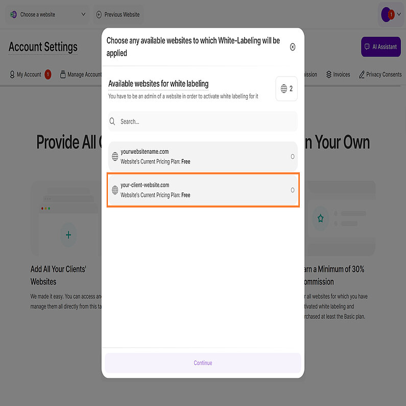 Webseite für White Label-Aktivierung auswählen