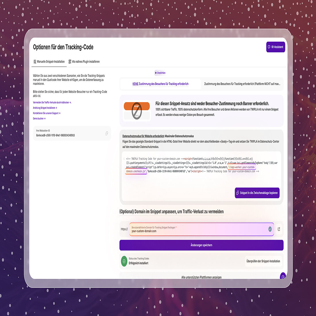 TWIPLA-Dashboard mit Einrichtung einer benutzerdefinierten Tracking-Code-Domain, um zu verhindern, dass Adblocker Analytics-Skripte blockieren