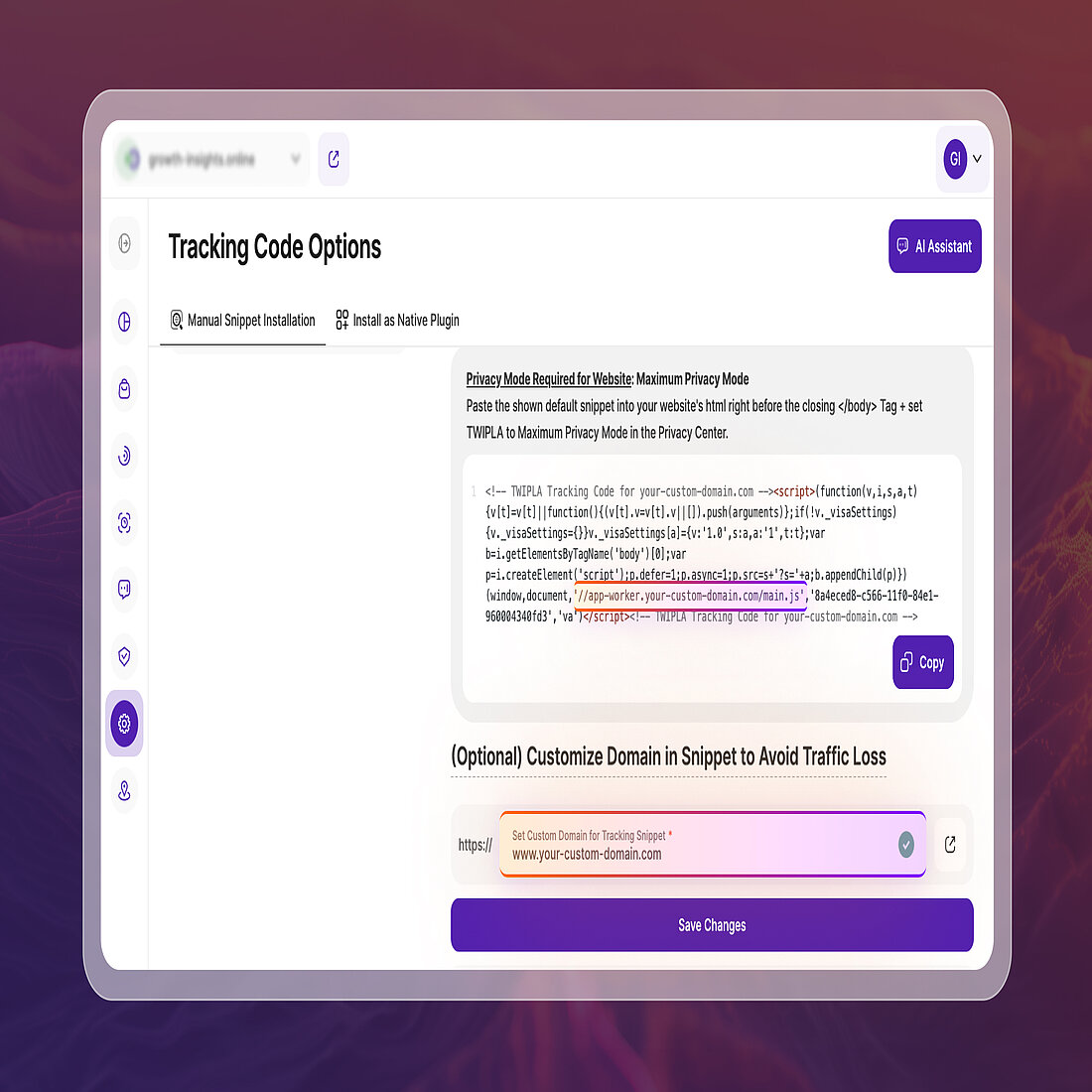 Tracking Code Options screen showing the ability to customise the tracking snippet with a user’s own domain or subdomain