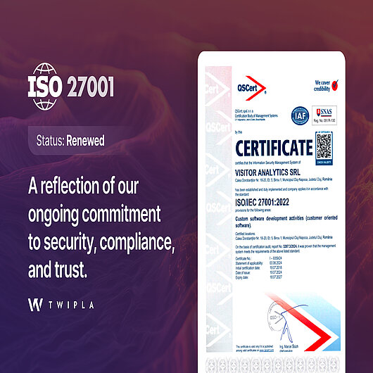 TWIPLA announcement confirming successful renewal of ISO 27001 certification, featuring the renewed certificate and a message highlighting ongoing commitment to security, compliance, and trust