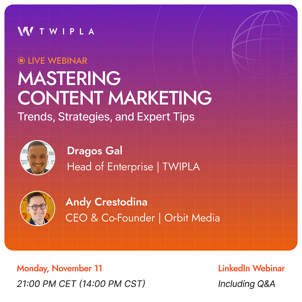 Webinar zur Beherrschung von Content Marketing - TWIPLA Andy Crestodina Webinar-Ankündigungsgrafik